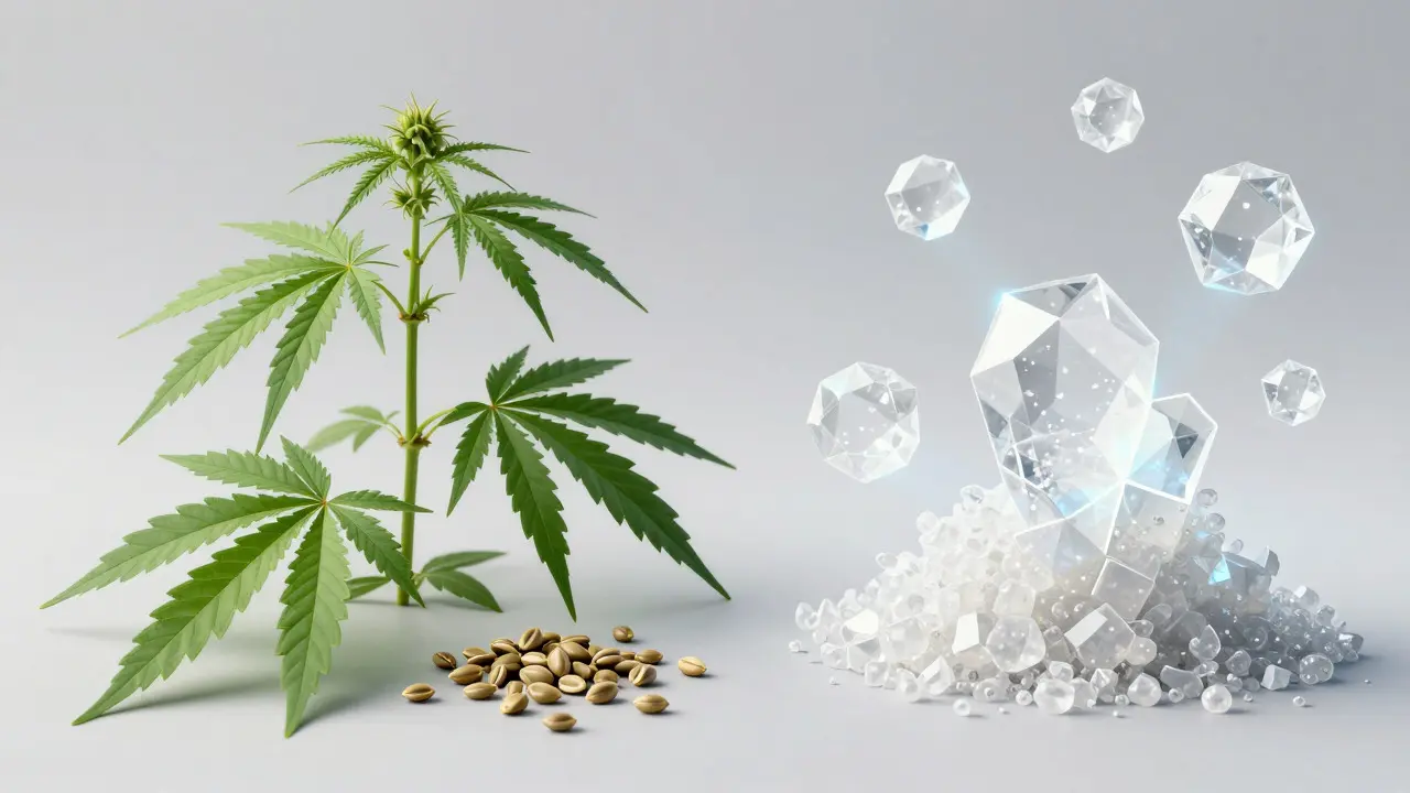 Ilustrace rozdílu mezi konopnou rostlinou a čistým CBD