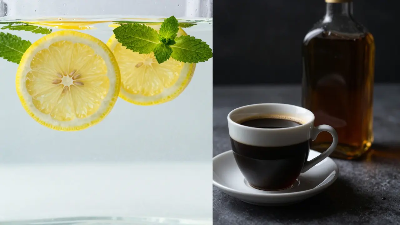 Kontrast mezi osvěžující citronovou vodou a kávou či alkoholem