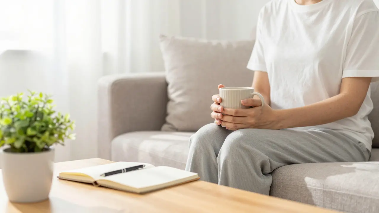 Relaxující osoba s hrnkem v obýváku symbolizující úlevu od bolesti