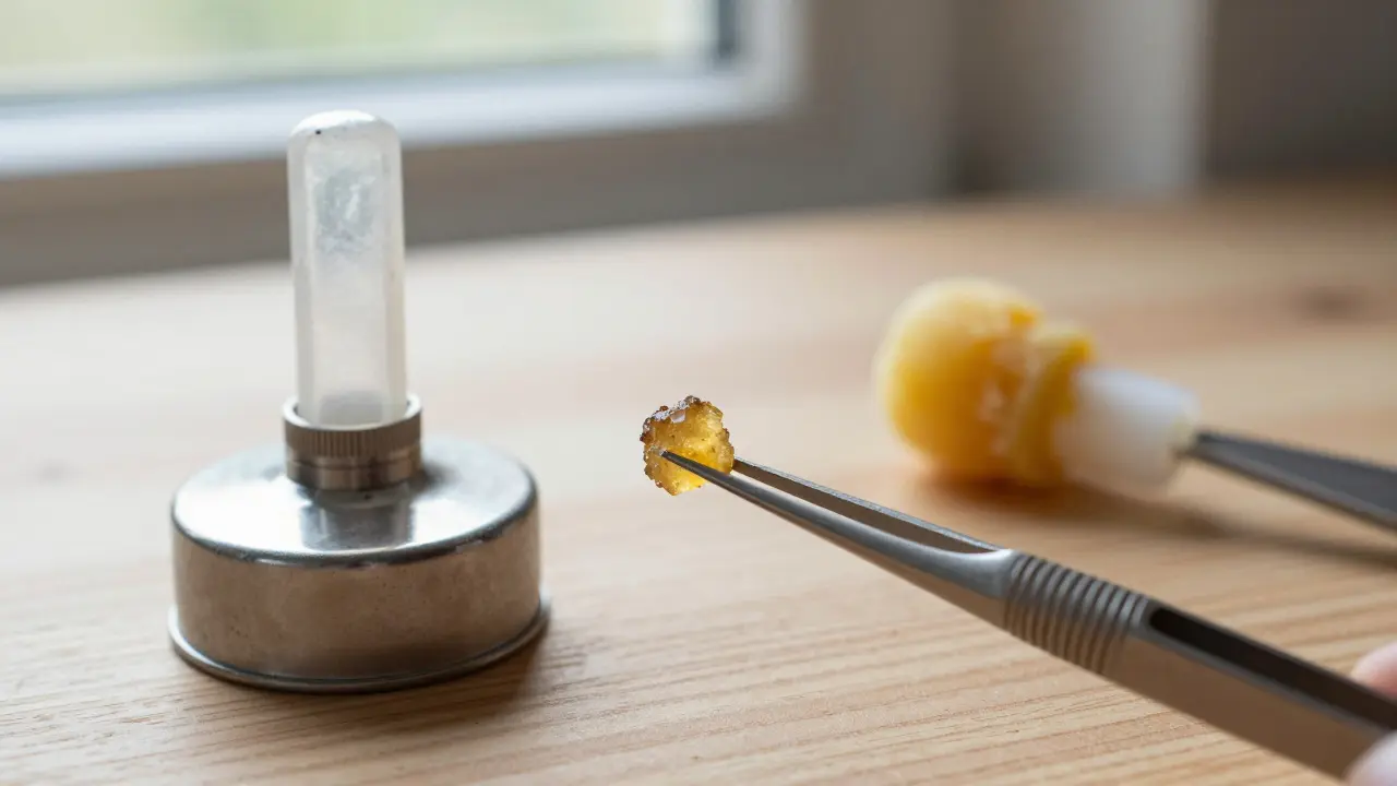 Záběr na dávkování CBD shatteru pinzetou a lepkavý wax u dabovacího příslušenství