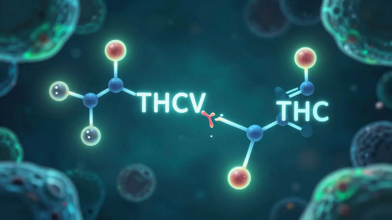 Abstraktní ilustrace molekulární přeměny THCV na THC s enzymatickými částicemi