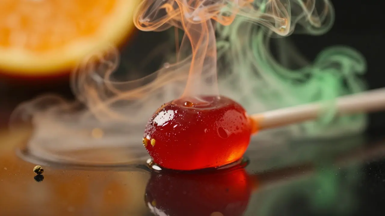 Detail lízence s barevnými párami terpenů v makro záběru
