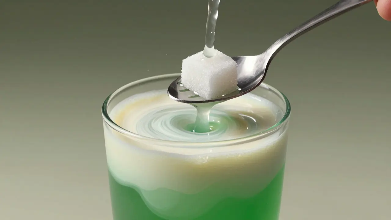 Proces ředění absintu vodou přes cukr ve sklenici