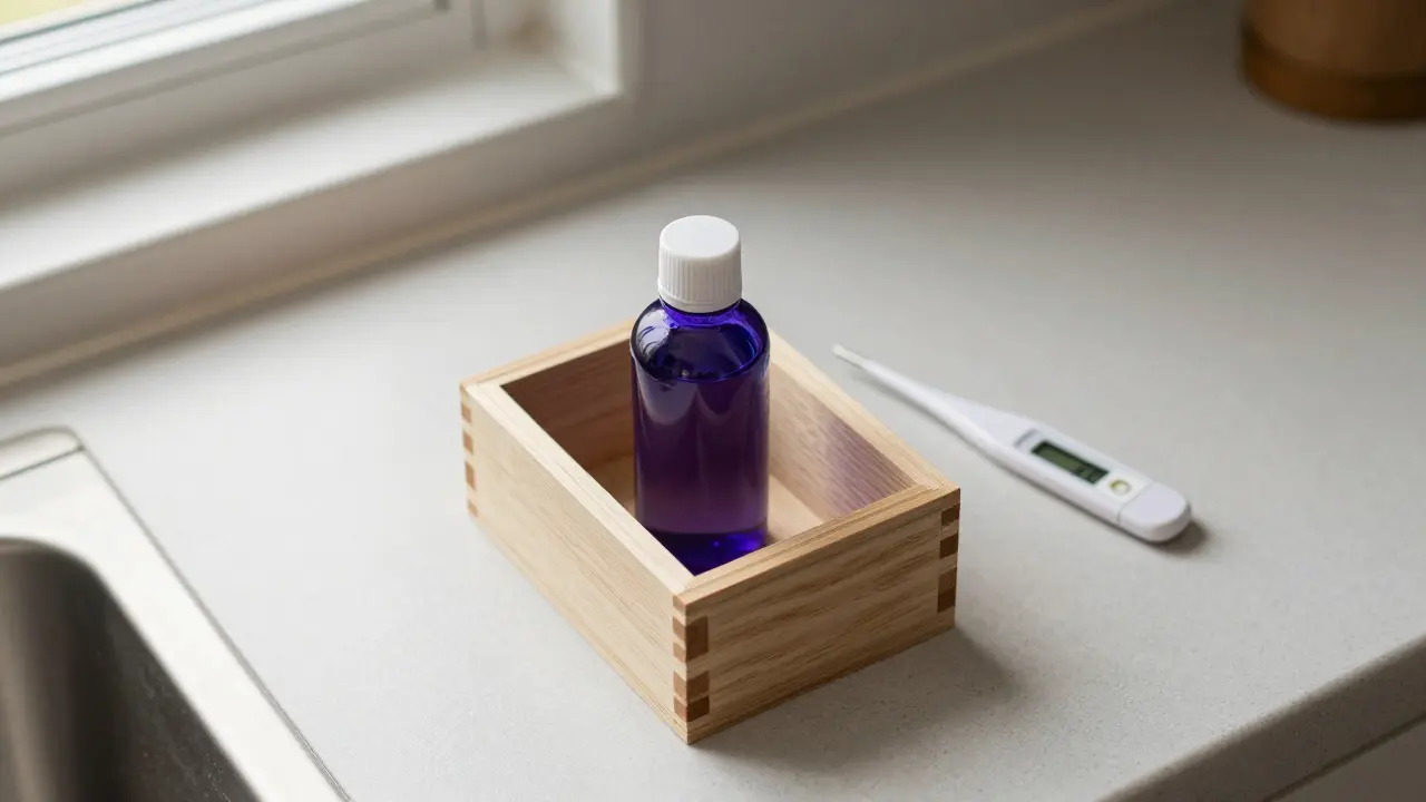 Tinktura uložená v temném boxu na kuchyňské desce
