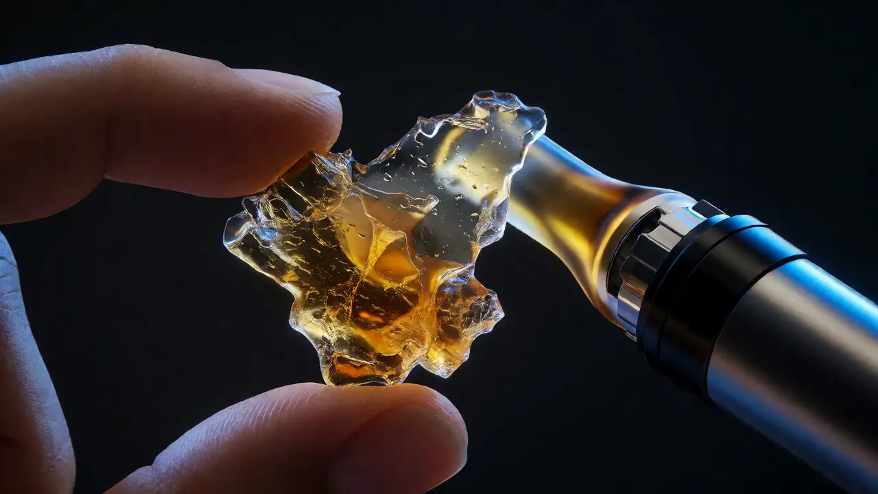Detailní záběr na průsvitný CBD shatter vedle vaporizéru