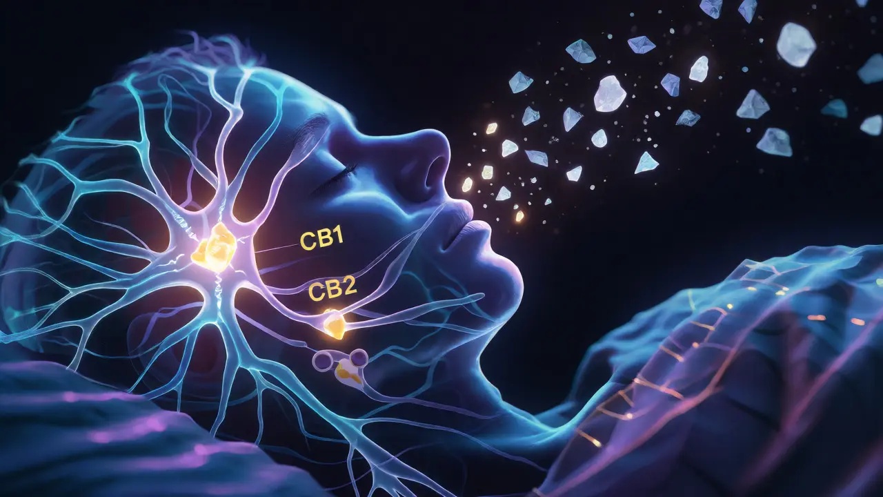 Ilustrace endokanabinoidního systému s interagujícími částicemi CBD