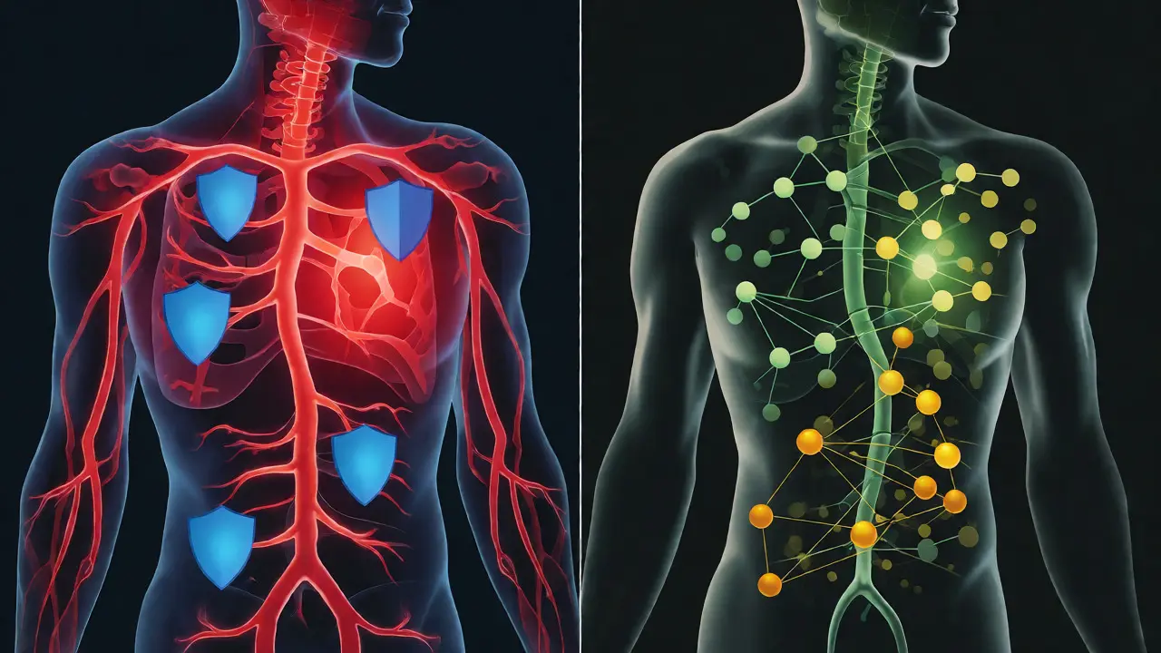 Ilustrace porovnávající mechanismus účinku ibuprofenu a CBD na tělo