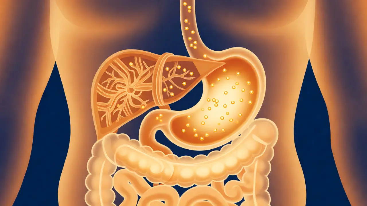 Ilustrace trávicího systému s molekulami CBD