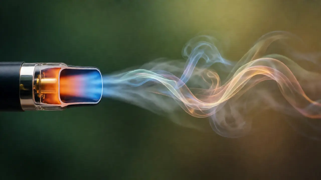 Konceptuální vizualizace teplotní kontroly při vapingu se barevnými vlnami terpenů.