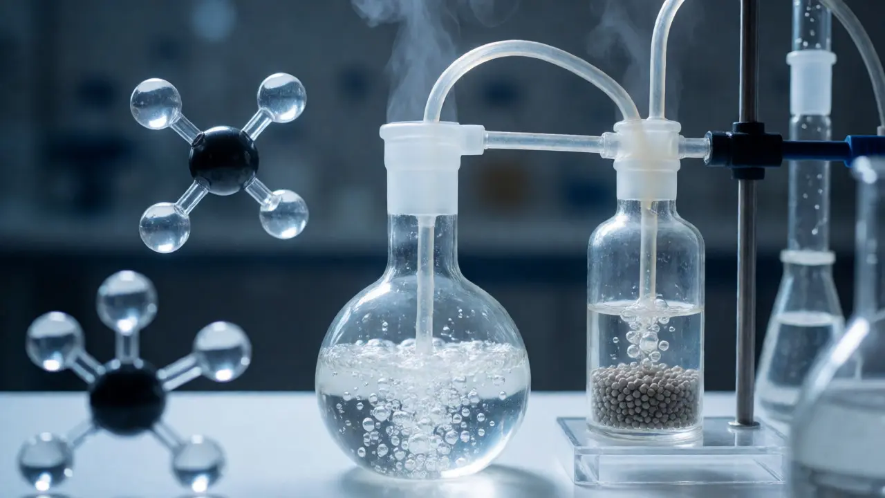 Laboratorní skleněná aparatura pro hydrogenaci s katalyzátory a párou