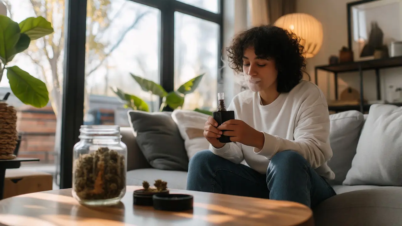 Osoba používající přenosný vaporizér v klidném obývacím pokoji s květy CBD na stole