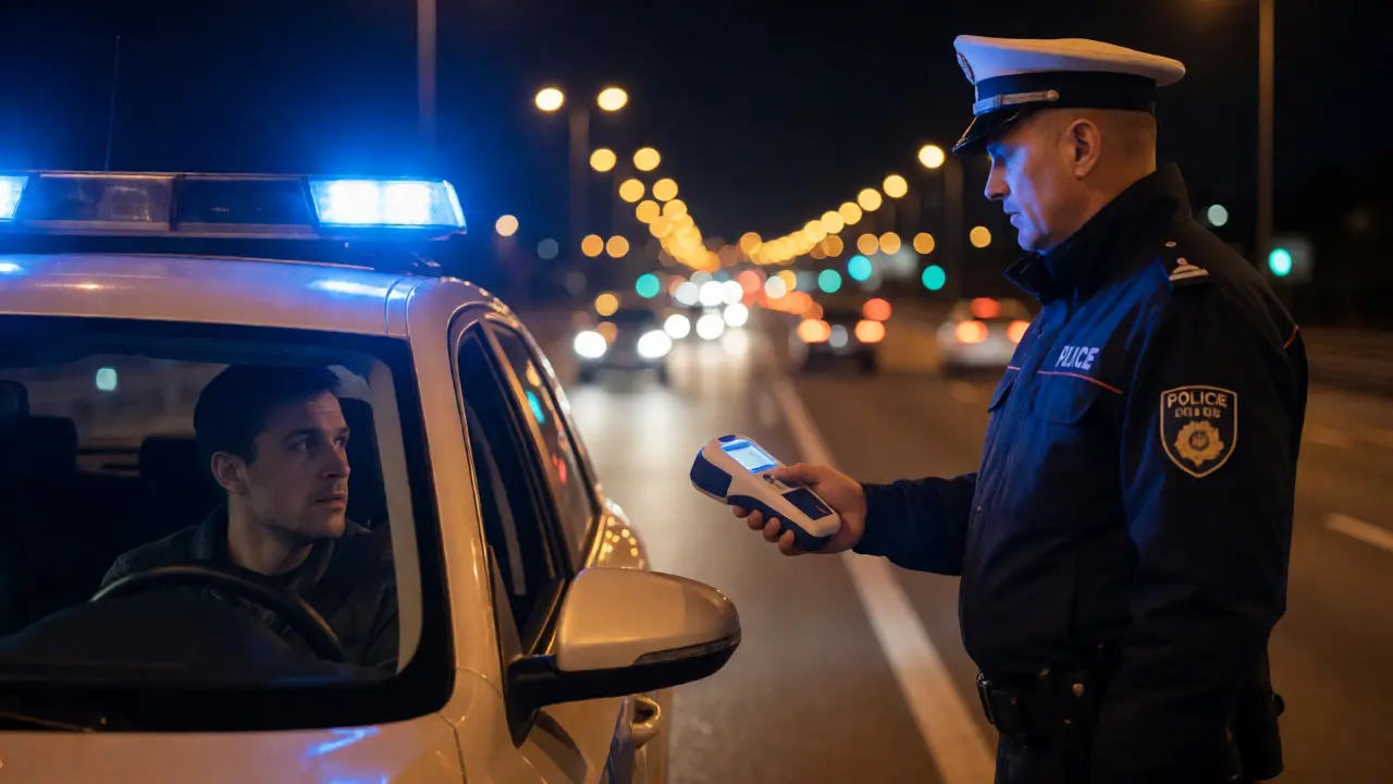 Policista provádí test na řidiče v noci