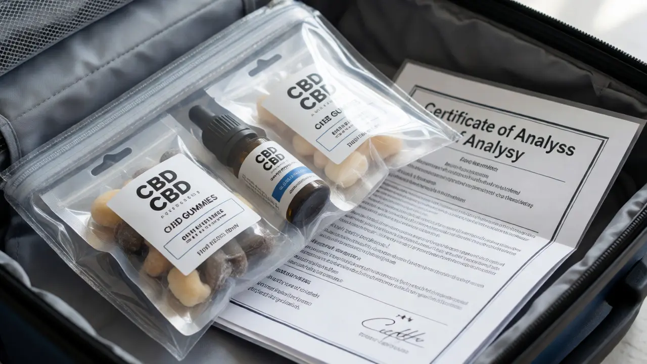 Příruční zavazadlo s balenými CBD produkty a certifikátem analýzy