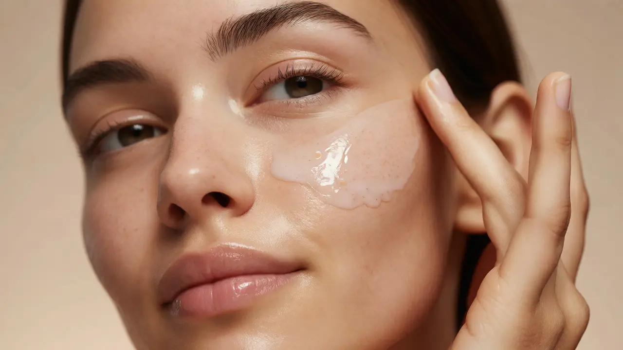 Žena nanáší sérum na obličej s čistou a hydratovanou pletí