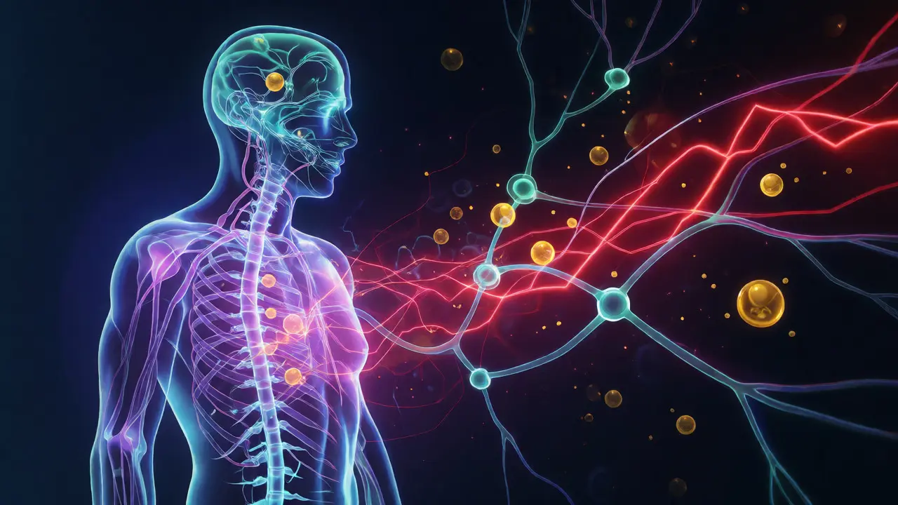 Glowing diagram of human nervous system with CBD molecules interacting with receptors