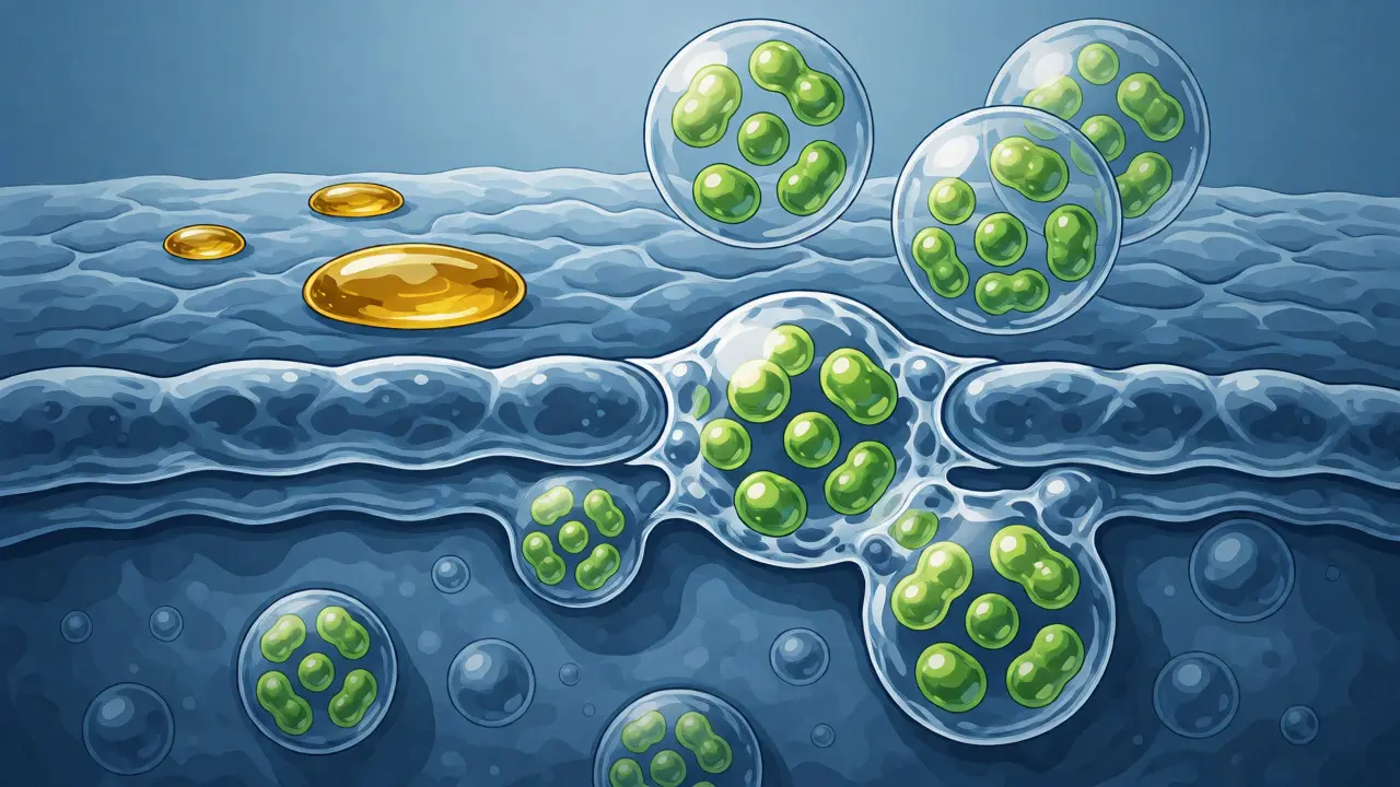 Ilustrace lipozomální technologie pro hluboké vstřebávání do dermis