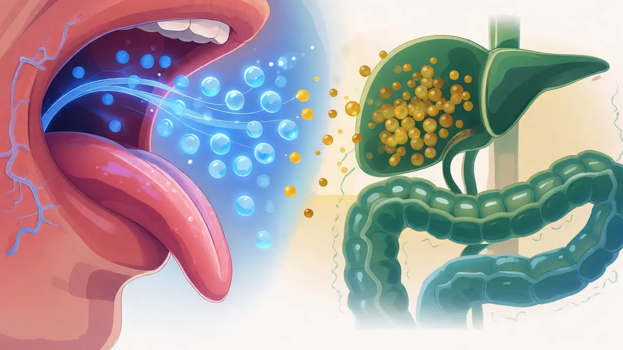 Ilustrace rozdílu mezi sublingválním a trávicím vstřebáváním CBD