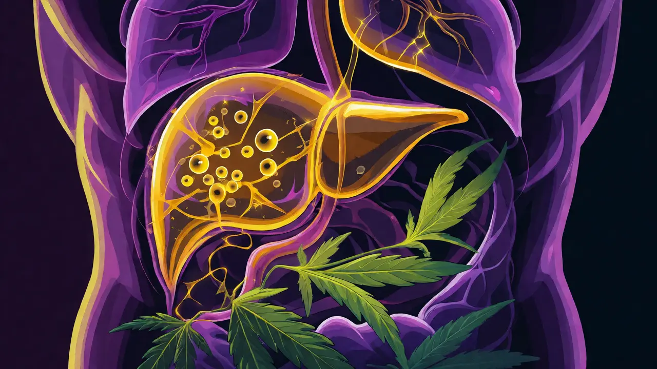 Konceptuální ilustrace trávení konopí v těle s vizualizací kofeinu a THC.