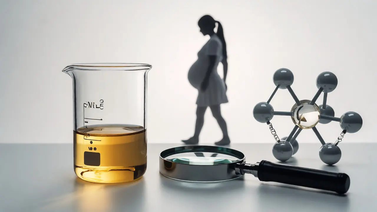 Laboratorní stůl s molekulárním modelem a těhotnou ženou