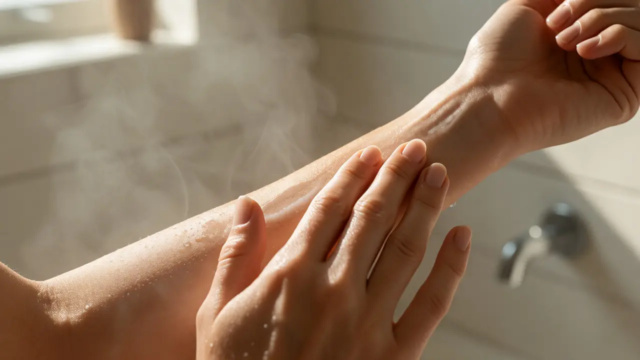 Osoba masíruje sérum do předloktí po teplé sprše pro lepší absorpci