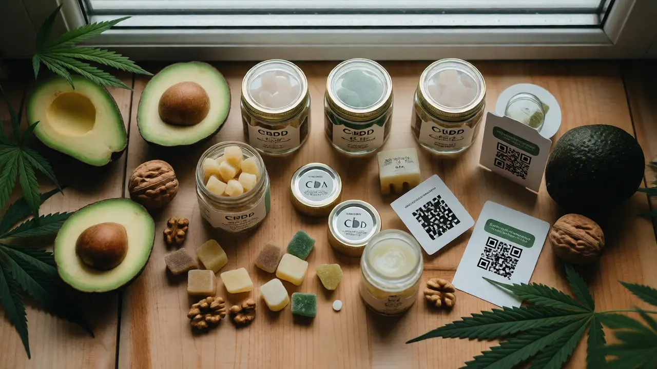 Plochá kompozice prémiových dóz CBD gummies s přírodními ingrediencemi na dřevě.
