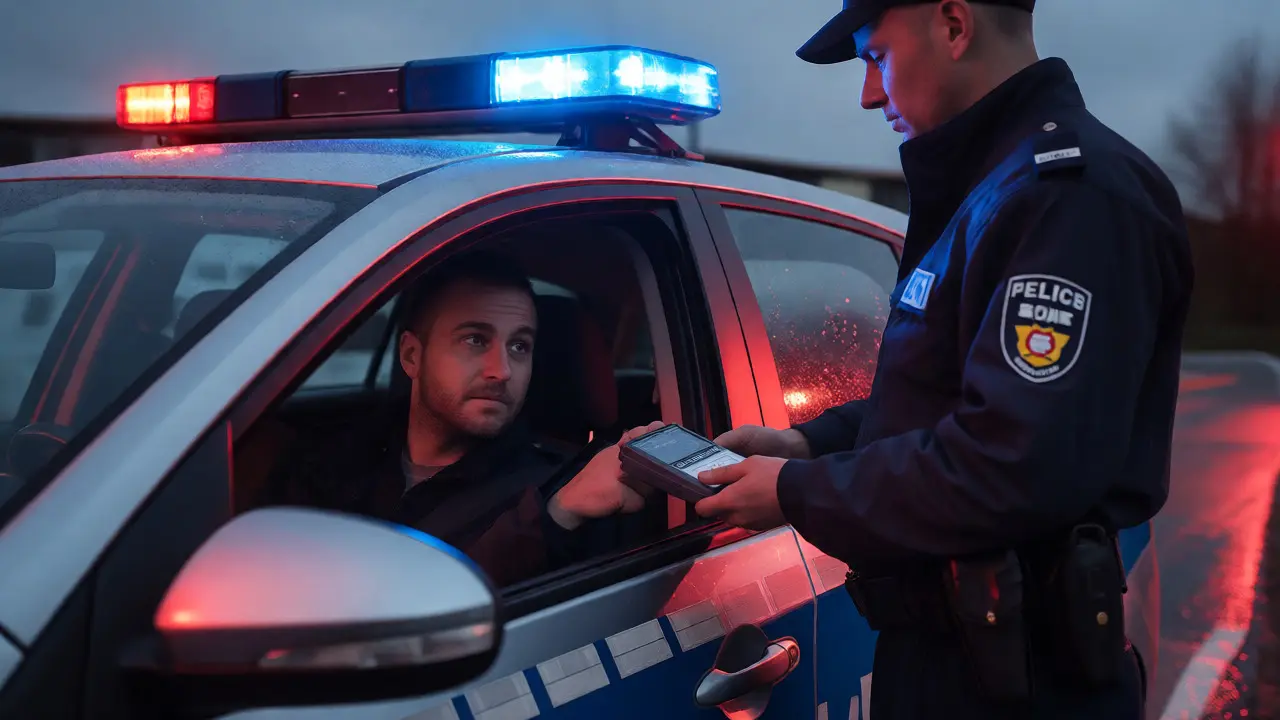 Policista provádí orientační test na drogy u řidiče za setmění