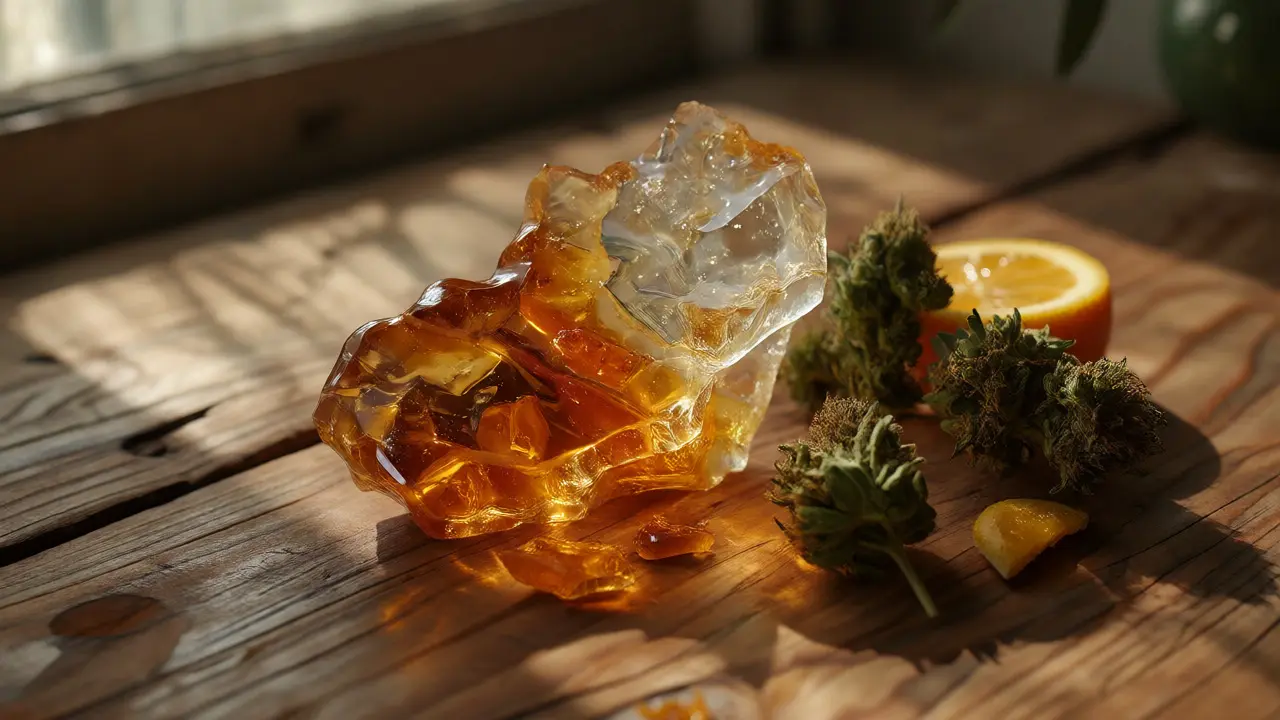 Průhledný shatter koncentrát vedle konopných květů a citrusové kůry