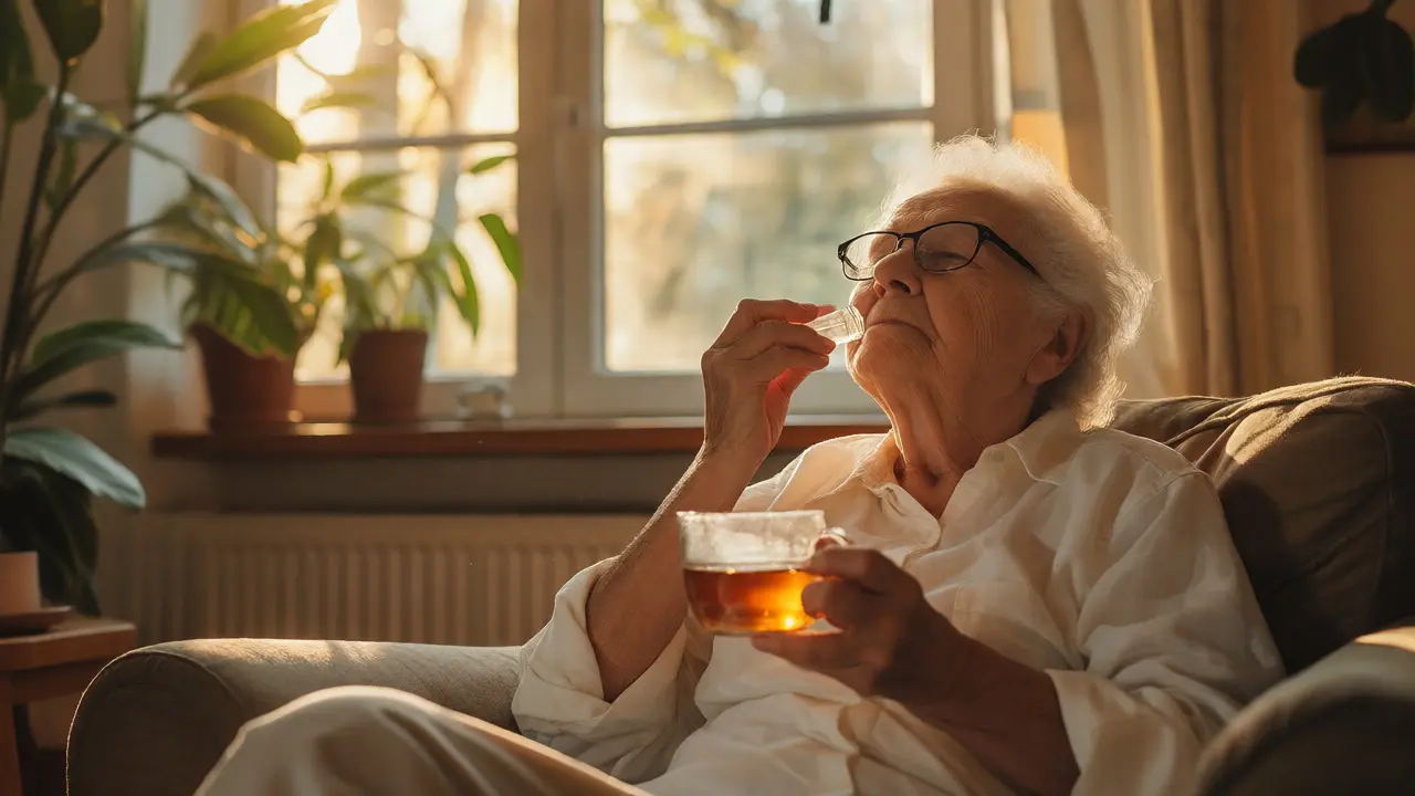 Relaxed senior person taking CBD drops in a sunny, comfortable living room